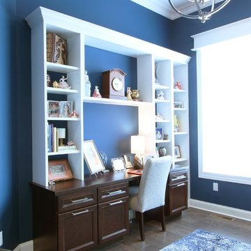 Navy Blue Home Office with White and Stained Built In Cabinets