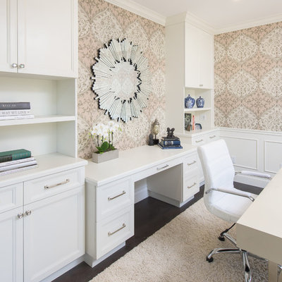Example of a mid-sized transitional freestanding desk dark wood floor and brown floor study room design in Los Angeles with no fireplace and multicolored walls