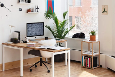 Modelo de despacho contemporáneo de tamaño medio sin chimenea con paredes blancas, suelo de madera clara, escritorio independiente y suelo marrón