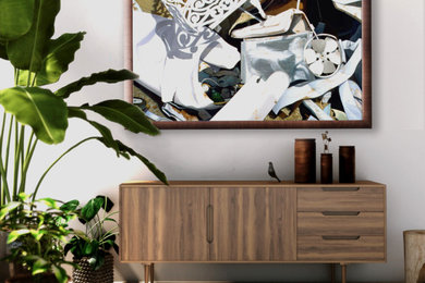 Imagen de despacho retro grande sin chimenea con paredes blancas, suelo de madera clara y suelo beige