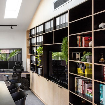 Office - black plywood shelves & more indoor plants!