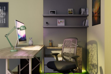 Imagen de despacho contemporáneo pequeño con paredes amarillas, suelo de madera oscura, escritorio independiente, suelo marrón y vigas vistas