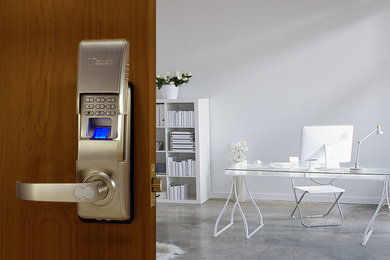 Office Door Modernized with Sleek Brushed Nickel Fingerprint Lock
