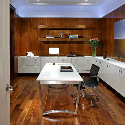 Study room - large contemporary freestanding desk dark wood floor and brown floor study room idea in Toronto with brown walls and no fireplace
