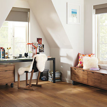 Office Nook with Parsons Desk & Walnut Storage by R&B