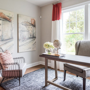 Study room - traditional freestanding desk dark wood floor study room idea in Richmond with gray walls and no fireplace