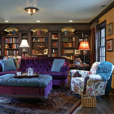 Elegant dark wood floor home office photo in Portland