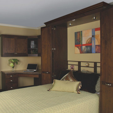Open Murphy bed with bi-fold doors, office and closet