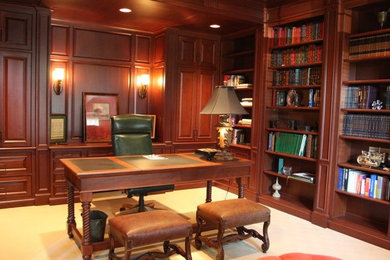Example of a mid-sized classic freestanding desk carpeted and beige floor study room design in Chicago with brown walls