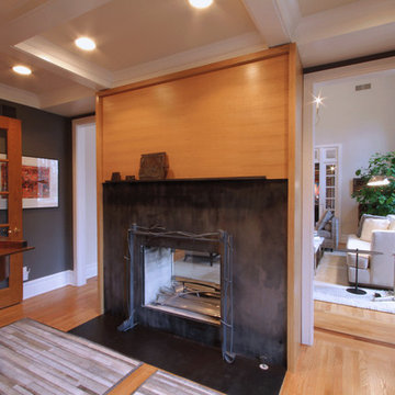Quarter-sawn White Oak Paneling and Hot Rolled Steel Fireplace, Coffered Ceiling