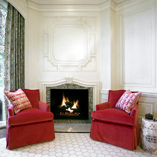 Inspiration for a large timeless freestanding desk carpeted study room remodel in Detroit with white walls, a standard fireplace and a tile fireplace