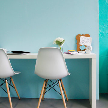 Retro, Midcentury, and Colorful Workspace