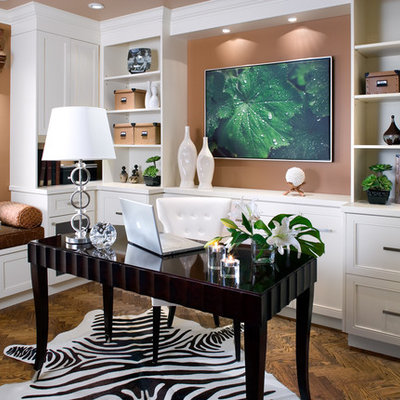 Inspiration for a large contemporary freestanding desk dark wood floor and brown floor home office remodel in Toronto with brown walls and no fireplace