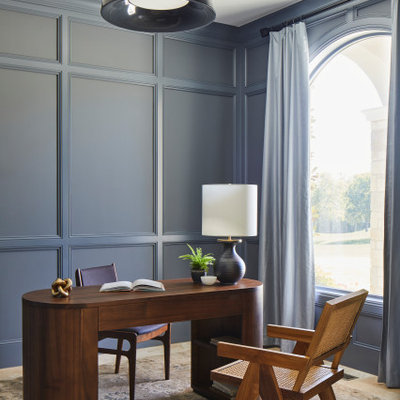 Inspiration for a small transitional freestanding desk travertine floor, beige floor and wall paneling study room remodel in Other with gray walls