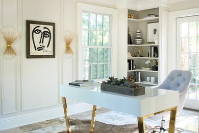 Inspiration for a mid-sized contemporary freestanding desk ceramic tile study room remodel in New York with white walls