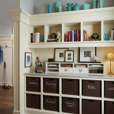 Example of a small classic dark wood floor home office design in Detroit with gray walls and no fireplace