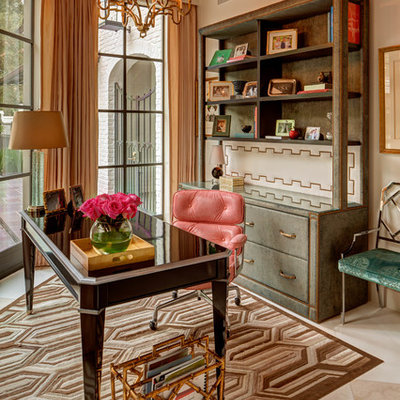 Study room - mid-sized traditional freestanding desk beige floor study room idea in Houston with white walls