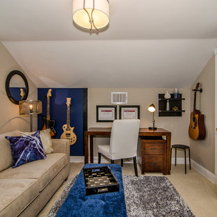 Home studio - small transitional freestanding desk carpeted home studio idea in Philadelphia with beige walls and no fireplace