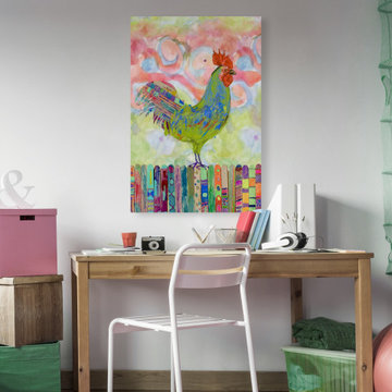 "Rooster on a Fence I" Painting Print on Wrapped Canvas