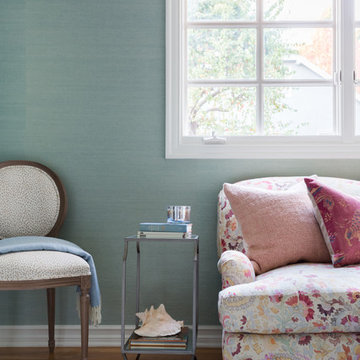 Santa Monica Feminine Home Office with Blue Raffia Wallpaper