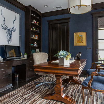 Inspiration for a coastal freestanding desk dark wood floor study room remodel in Dallas with blue walls and no fireplace