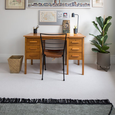 Study room - mid-sized contemporary freestanding desk carpeted and beige floor study room idea in London with gray walls