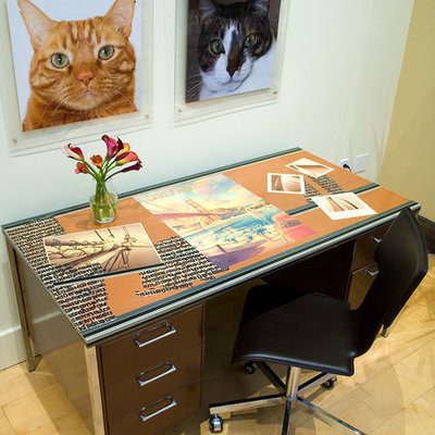Example of a mid-sized trendy freestanding desk light wood floor home office design in San Francisco with no fireplace and beige walls
