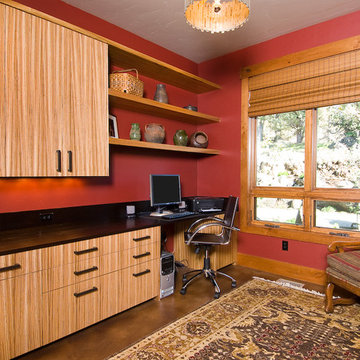 Study, office.  Red walls, warm tones.