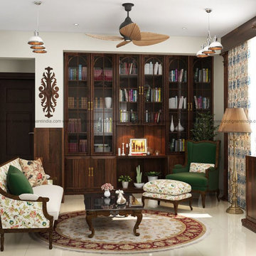 The library majorly dominated by brown which anchors the warm eclectic design ma