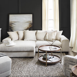 Inspiration pour un très grand bureau style shabby chic avec un mur noir, moquette, cheminée suspendue, un manteau de cheminée en béton, un bureau indépendant et un sol multicolore.
