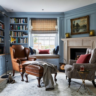 Photo of a medium sized classic home office in Brisbane with a reading nook, blue walls and grey floors.