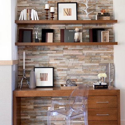 Study room - small transitional built-in desk light wood floor study room idea in Vancouver