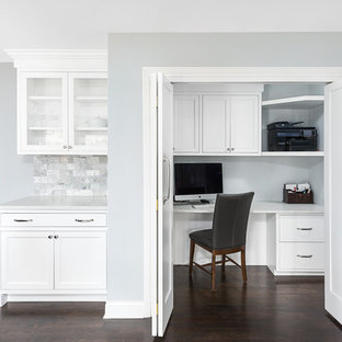Study room - small transitional built-in desk dark wood floor and brown floor study room idea in Chicago with gray walls and no fireplace