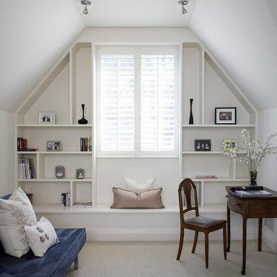 Home office - traditional freestanding desk carpeted home office idea in Chicago with white walls
