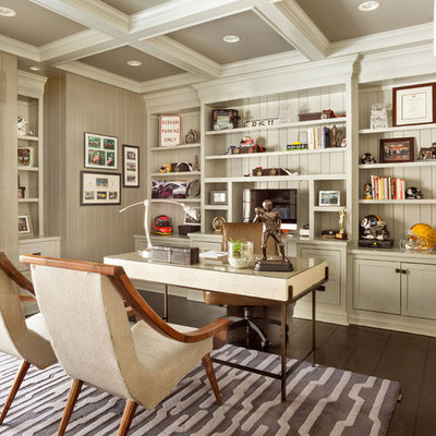 Study room - mid-sized traditional freestanding desk dark wood floor study room idea in New York with gray walls