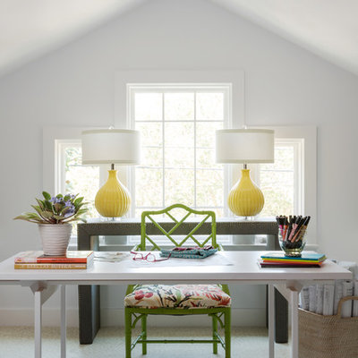 Example of a mid-sized eclectic freestanding desk carpeted and white floor home studio design in New Orleans with white walls and no fireplace