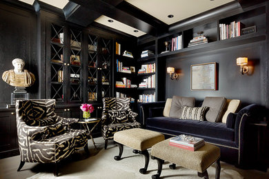 Photo of a traditional home office in San Francisco with black walls and beige floors.