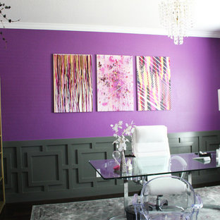 Photo of a medium sized contemporary home office in Houston with purple walls, dark hardwood flooring, a freestanding desk and no fireplace.