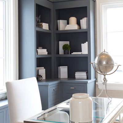 Large farmhouse freestanding desk light wood floor study room photo in New York with beige walls and no fireplace