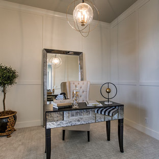 Example of a large farmhouse freestanding desk carpeted and gray floor study room design in Omaha with white walls and no fireplace