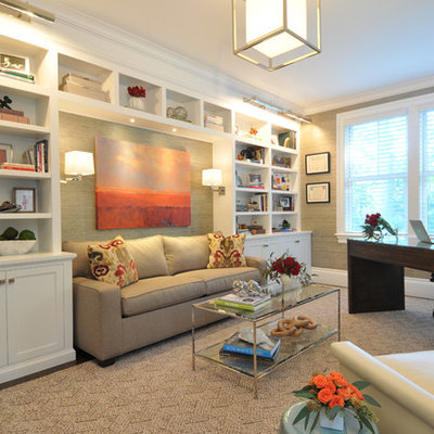 Mid-sized transitional freestanding desk dark wood floor and beige floor study room photo in Boston with gray walls and no fireplace