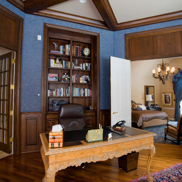 Walnut Home Office with Coffer Ceiling Adjacent to Master Bedroom