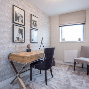 Design ideas for a small classic study in Hertfordshire with grey walls, carpet, a freestanding desk and grey floors.