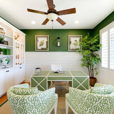Inspiration for a coastal freestanding desk study room remodel in Philadelphia with green walls