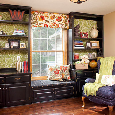 Inspiration for a timeless dark wood floor home office remodel in Minneapolis with beige walls