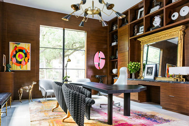 Eclectic freestanding desk white floor study room photo in Houston with brown walls