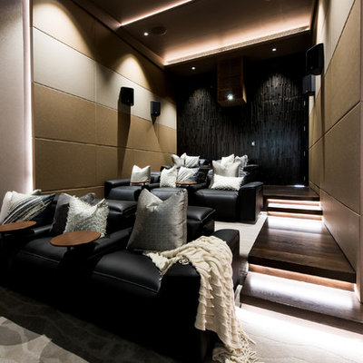 Example of a trendy enclosed multicolored floor home theater design in Sunshine Coast with multicolored walls