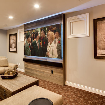 Inspiration for a huge rustic open concept carpeted home theater remodel in Baltimore with beige walls and a projector screen