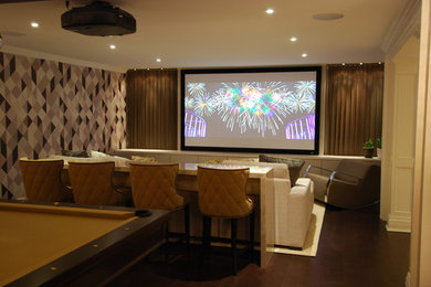 Mid-sized trendy enclosed dark wood floor home theater photo in Toronto with beige walls and a projector screen