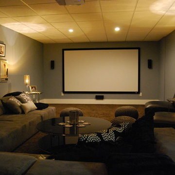 Basement media room with sectional sofa and giraffe texture carpeting